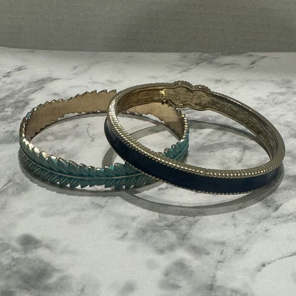 Solid Metal Vintage Custom Made Bangle Bracelets, Navy-Teal-Goldtone, Set Of 2 - Picture 5 of 8